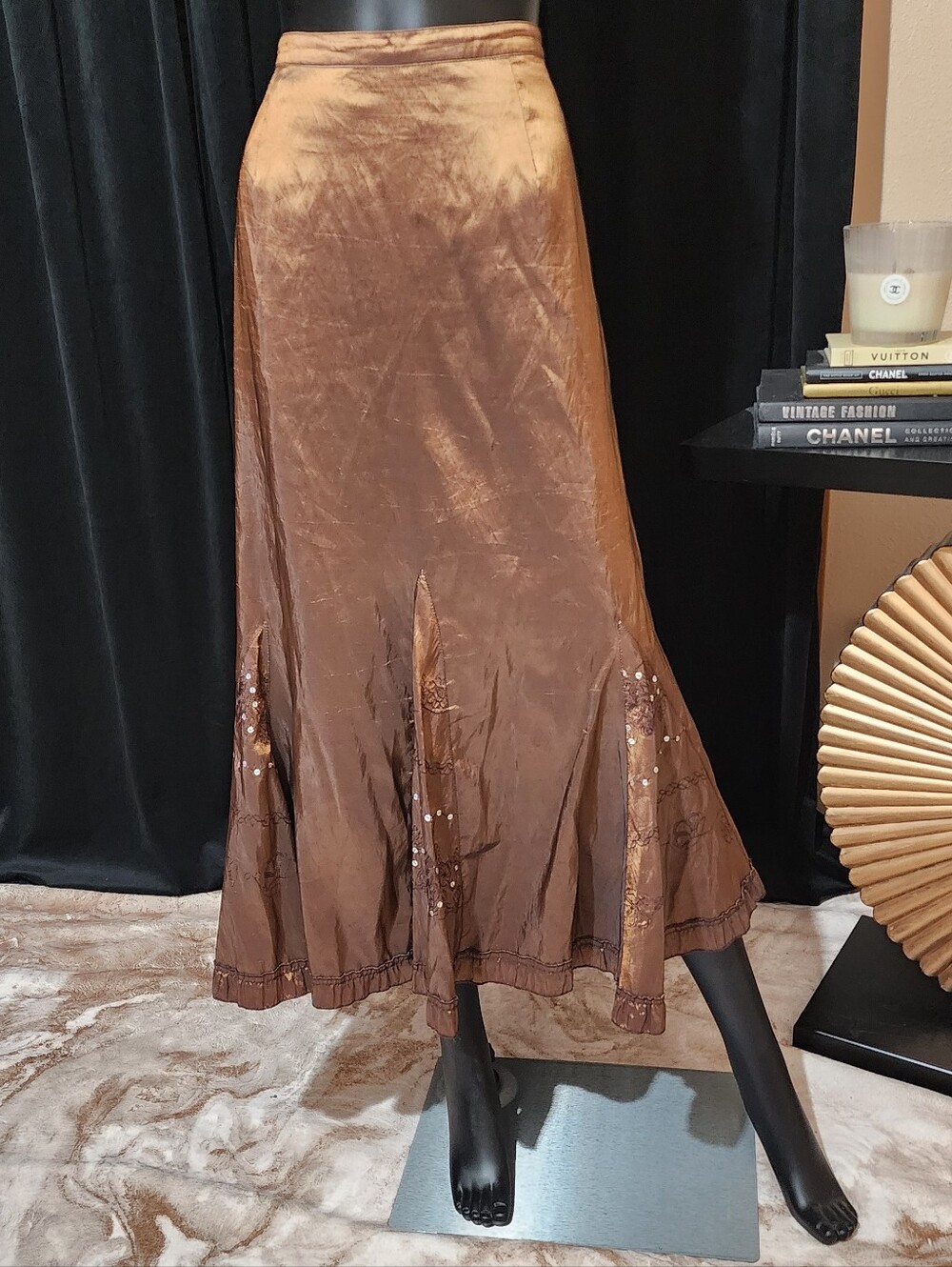 ALAIN WEIZ France Bronze Metallic Embroidered Sequin Maxi Skirt Size 16